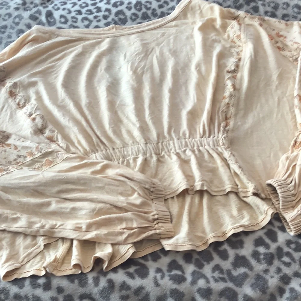 Free People Throwback Embroidered Volume Sleeve Top in Sand Combo Size Medium